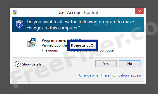 Screenshot where Kometa LLC appears as the verified publisher in the UAC dialog